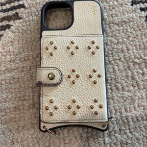Bandolier White Leather I Phone 15 Case with Gold Accents and Wallet-Mag Safe